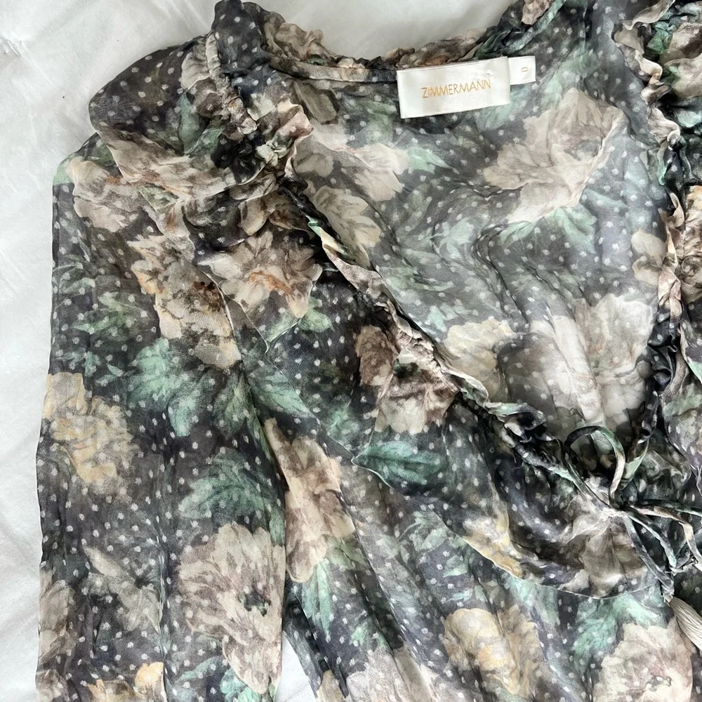 Zimmermann 0 XS Silk Floral Long Sleeve Tiered Ruffle Mini Dress - Picture 8 of 10